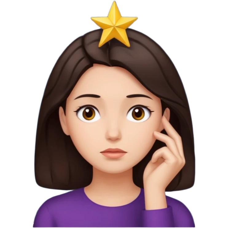 woman with dark brown hair thinking, star above head, night background emoji