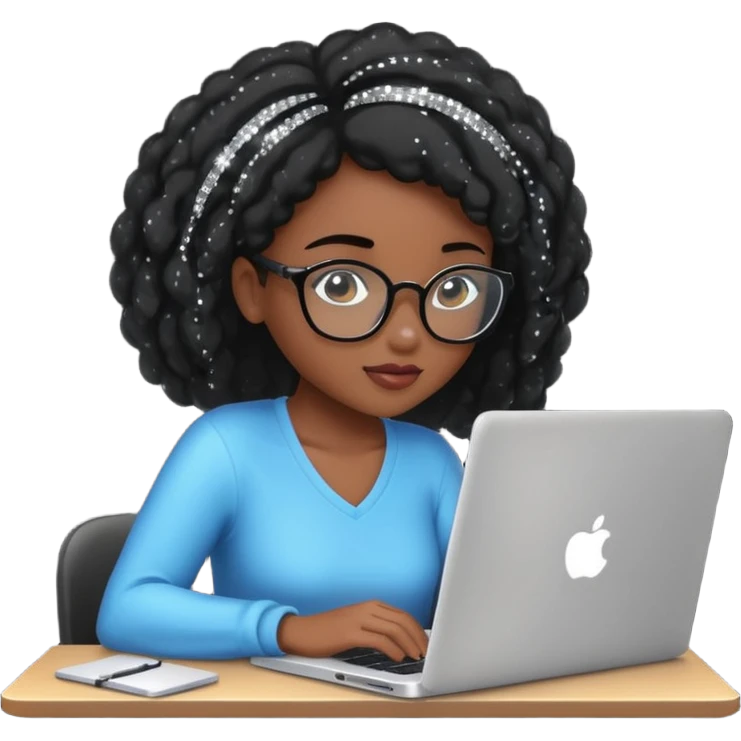 black pretty girl working hard with sparkles on laptop "Working hard ✨" spelled out in background emoji