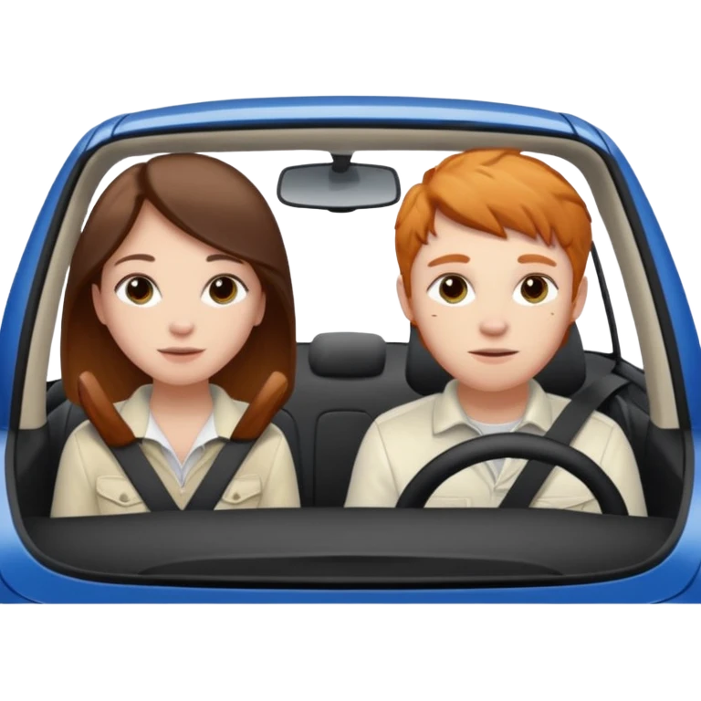 Two mouses, one girl with brunette long hair and one ginger short hair boy, boy drive a white ford focus card emoji