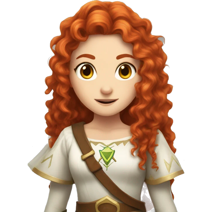 a white girl with long red curly hair and freckles, cosplaying Zelda emoji