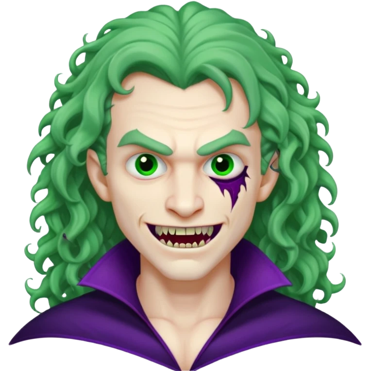 Vampire, long curly hair, male, fanged teeth, stitches with one side of face green and the other side purple, emoji