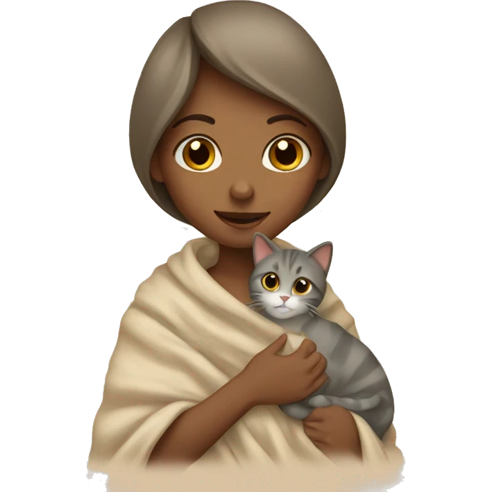 girl petting cat in beige blanket emoji