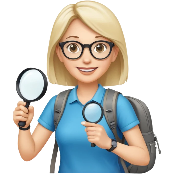 Happy woman in her 40s with glasses, sporty outfit, backpack, holding only one magnifying glass in one hand emoji