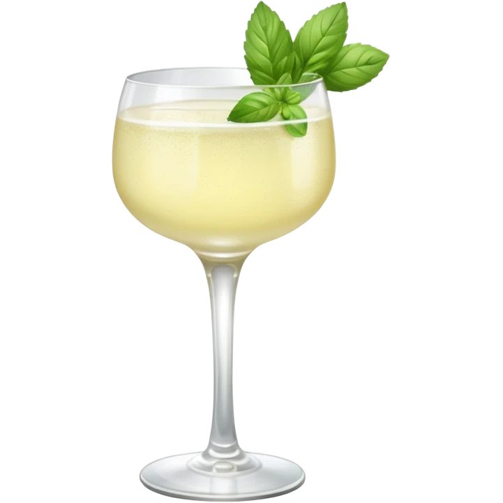French 75 cocktail with subtle elderflower color with one of each mint and basil leaf for garnish emoji