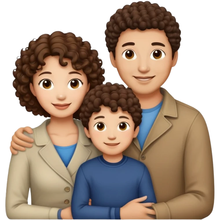 Asian Family with brown hair mom curly hair dad son and son emoji
