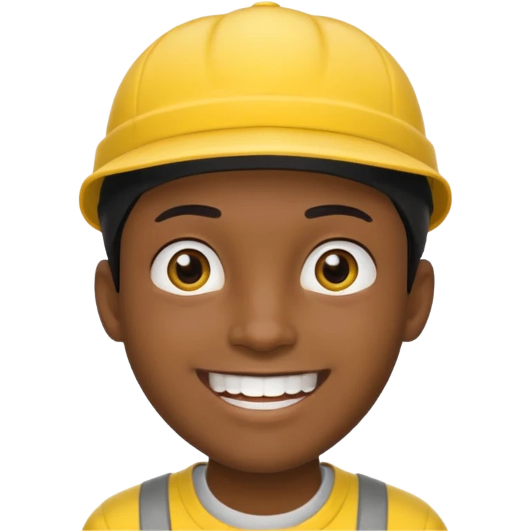 A man with dark skin tone, wearing a bright yellow cap, short black hair mostly covered by the cap, large brown eyes, and a wide smile showing his teeth. emoji