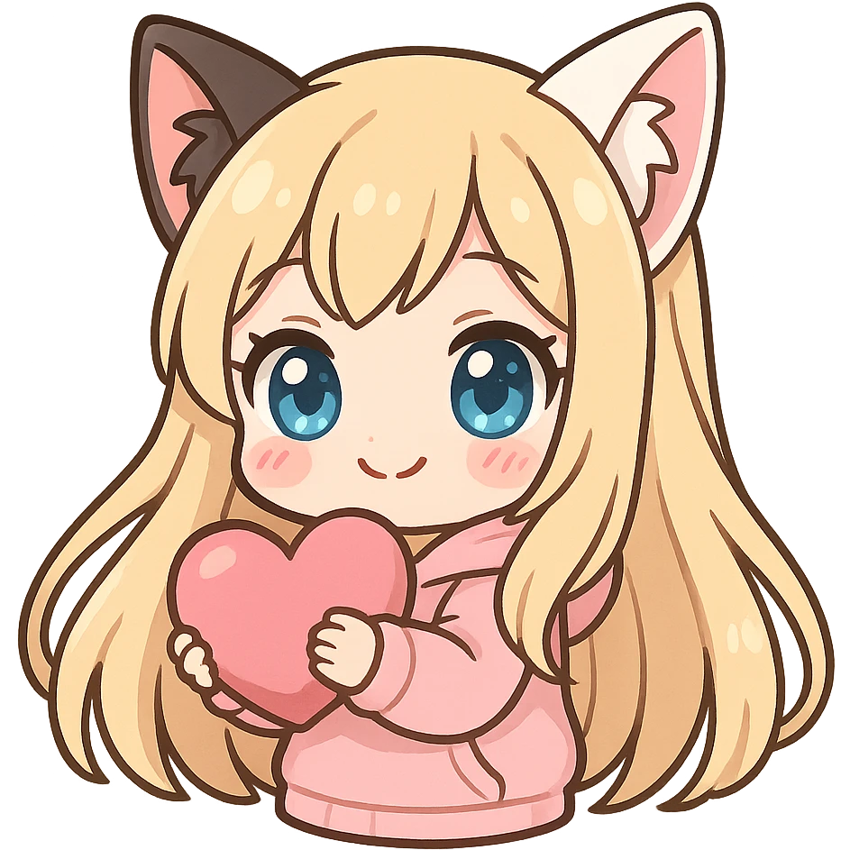 extra cute, extra chibi anime catgirl Twitch emote, one black cat ear and one white cat ear, blonde extremely long hair, blue eyes, white skin, pastel pink hoodie, hugging a heart, no background emoji