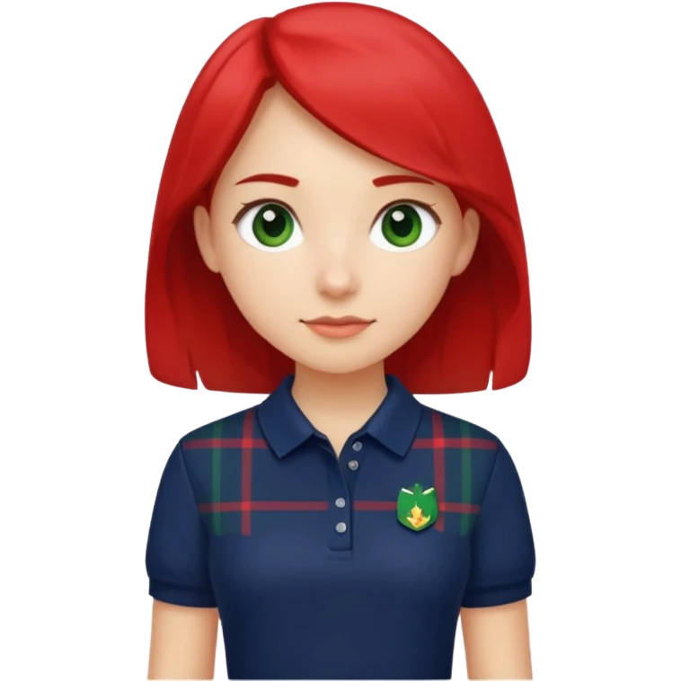 School uniform with navy polo shirt and navy plaid skirt with green white and red  emoji