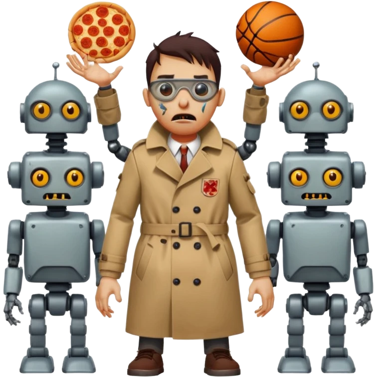 a glitch abomination with hands for a head, a baskeball stomach, pizza eyes, eyepatch, and zombie wounds, wearing trench coat, and robot crowd emoji