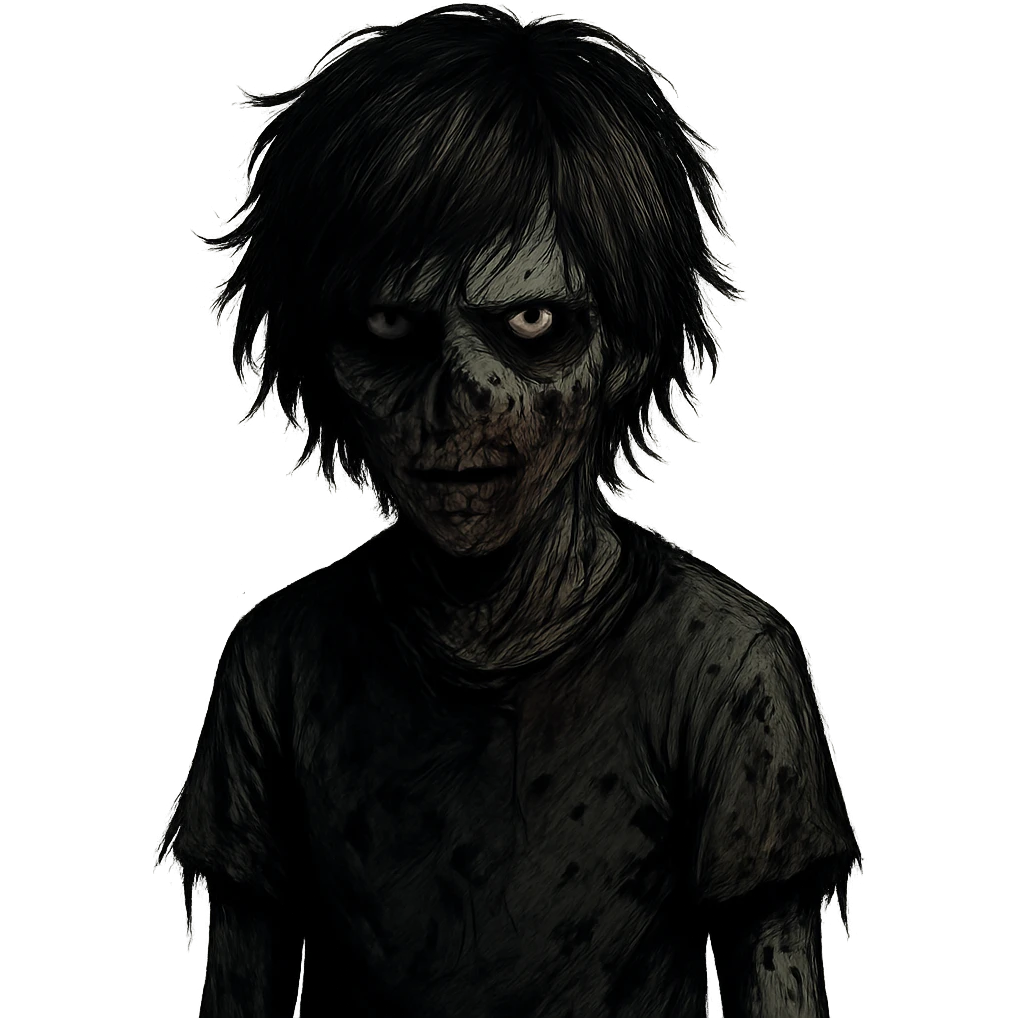 boy zombie with medium-long shaggy black and brown emo hair, dark and spooky, creepy expression emoji