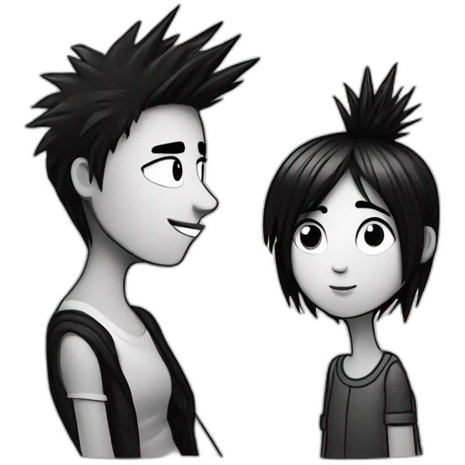 a dog and a girl with black spiky hair looking at each other in style of ((sarah andersen)), black and white,sarah andersen,cartoon,drawn emoji