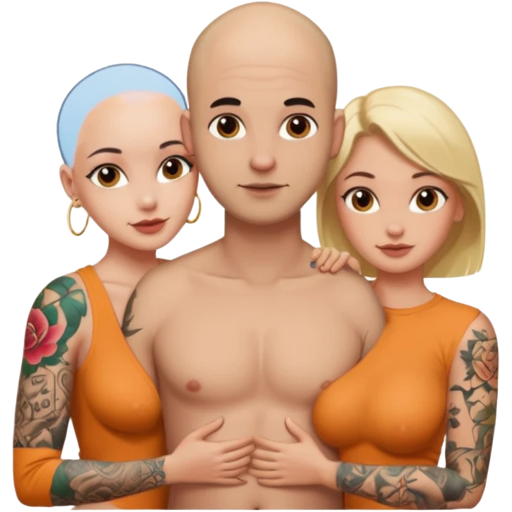 throuple tattooed sleeves bbald male with topless naked big boobed brunette and topless naked big boobed blonde girlfriends  lovingl  and sexy polygamy hott emoji