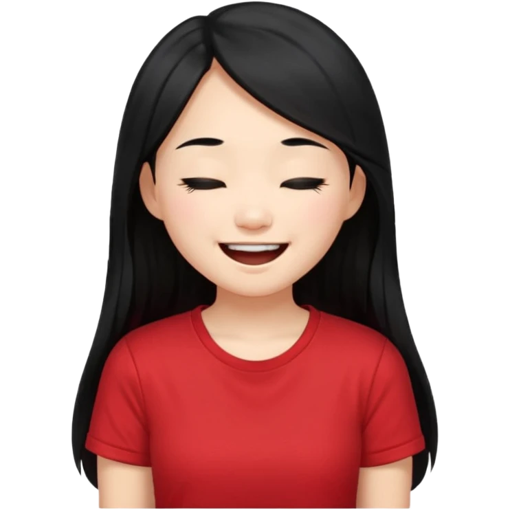 Cute asian girl with long hair and red t shirt who is laughing with eyes closed emoji