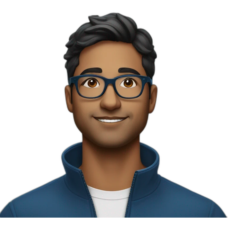 29 year old indian tech founder clean shaven in blue quarter zip with black and white tortoiseshell glasses emoji