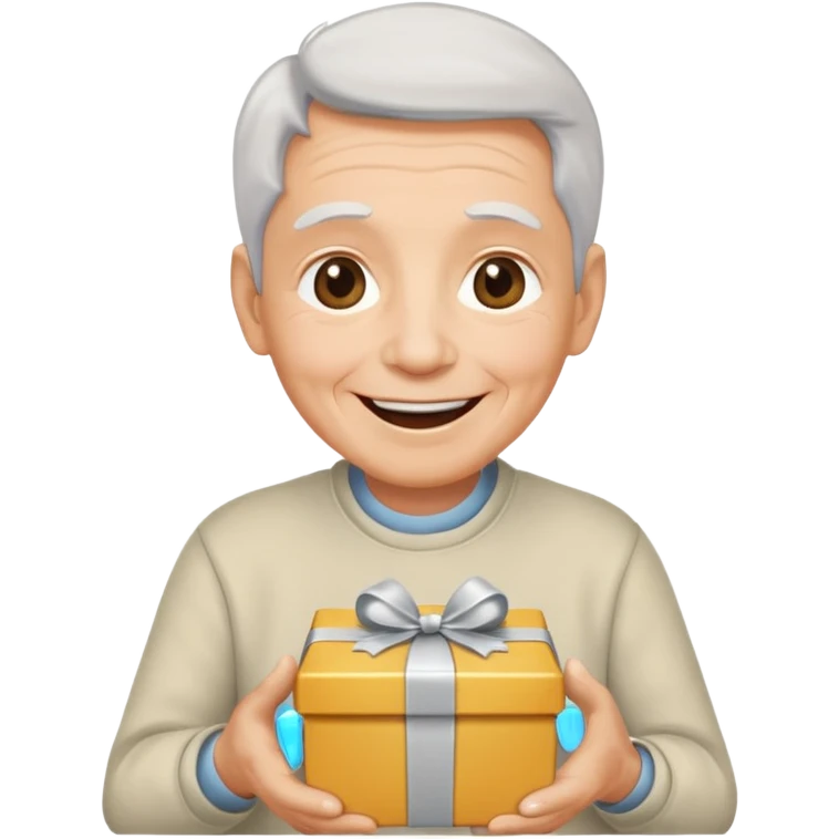 Una persona mayor recibiendo un regalo plateado. Se muestra sonriente y alegre los ojos llorando de felicidad se ve rejuvenecido emoji