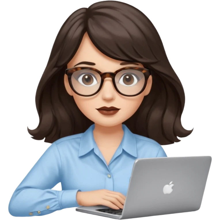 A white woman with long wavy dark brown hair and a whispy bang, wearing thick tortoise SQUARE glasses. She has long lashes and a nude browny glossy lipstick. She's wearing an oversize light blue shirt with white strips. She's working on a laptop emoji