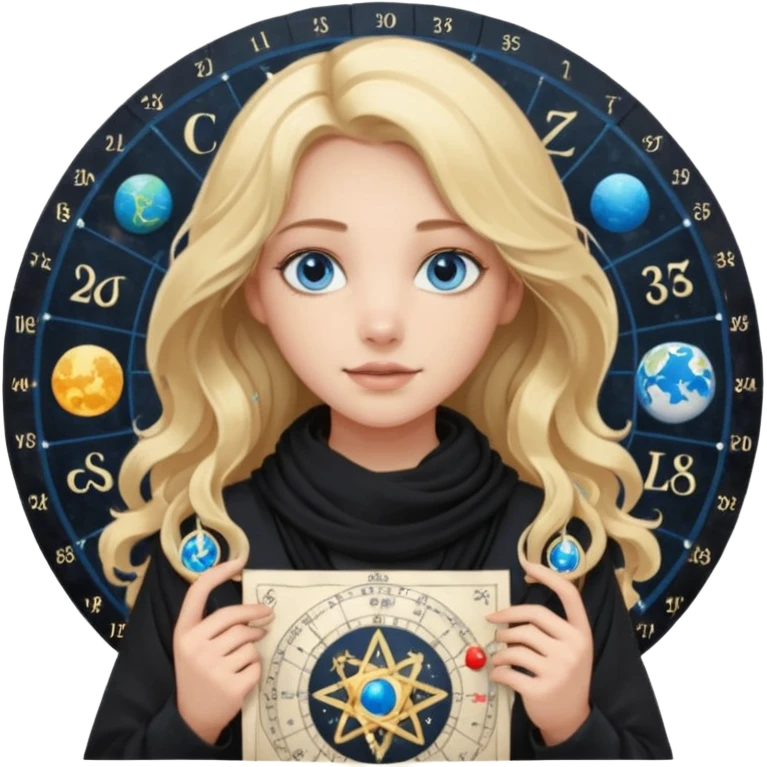 A long wavy haired blonde girl with blue eyes, wearing black, with a scarf on, holding astrology natal chart paper   emoji