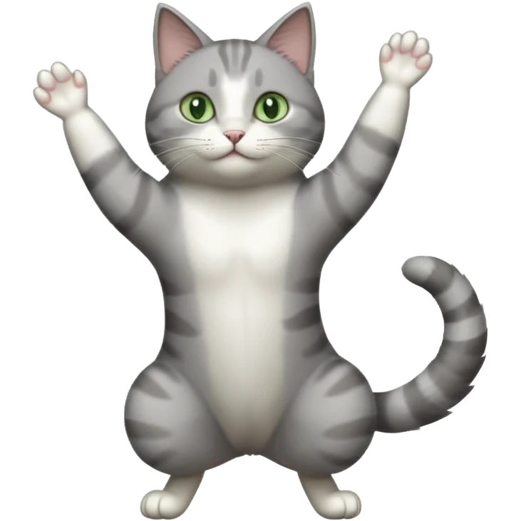 grey and white cat with green eyes doing a big extremely long stretch reaching up into the air with arms and legs side by side together straight and overextended emoji