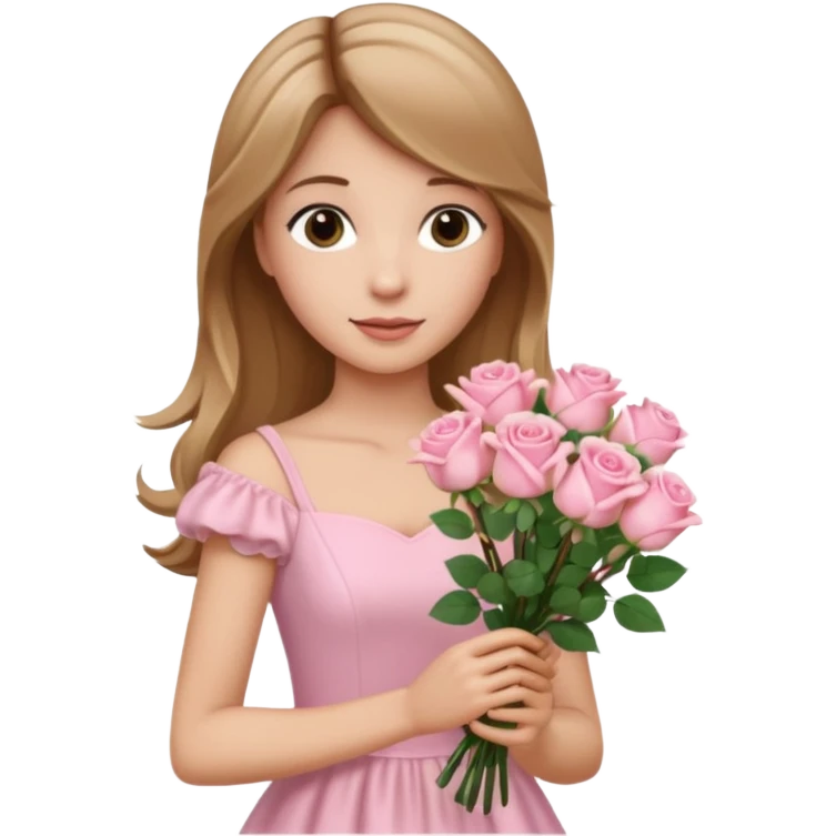 A beautiful princess with light brown hair and blonde streaks wearing a light pink dress and holding a bouquet of light pink roses  emoji