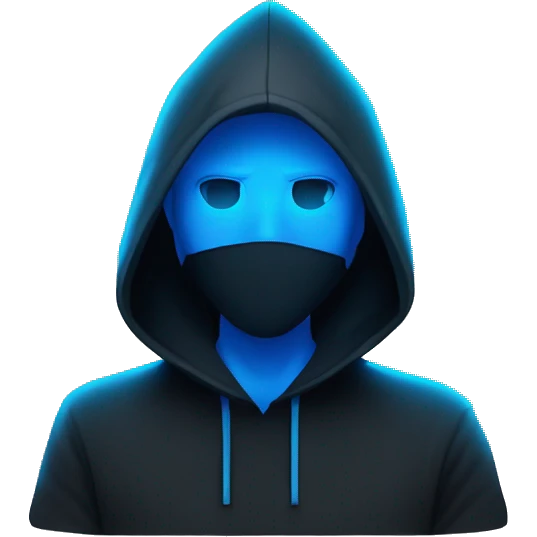 Man developer behind his laptop with this style : Alan Walker Singer neon glowing bright blue character blue black hooded hacker themed character emoji