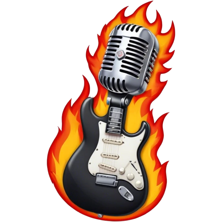 Create a bold and powerful emoji representing rock vocal performance in a humanless collage. The design should feature a vintage microphone at the center, surrounded by a heavy, aggressive hardcore electric guitar with sharp, jagged edges. Include crossed drumsticks behind the guitar, symbolizing the intense rhythm of rock music. Add fiery elements like flames or lightning bolts to enhance the raw energy of the design. Use dark, bold colors like black, red, and silver, with metallic or chrome accents to reflect the rebellious, hard-hitting nature of rock. The background should be transparent. emoji