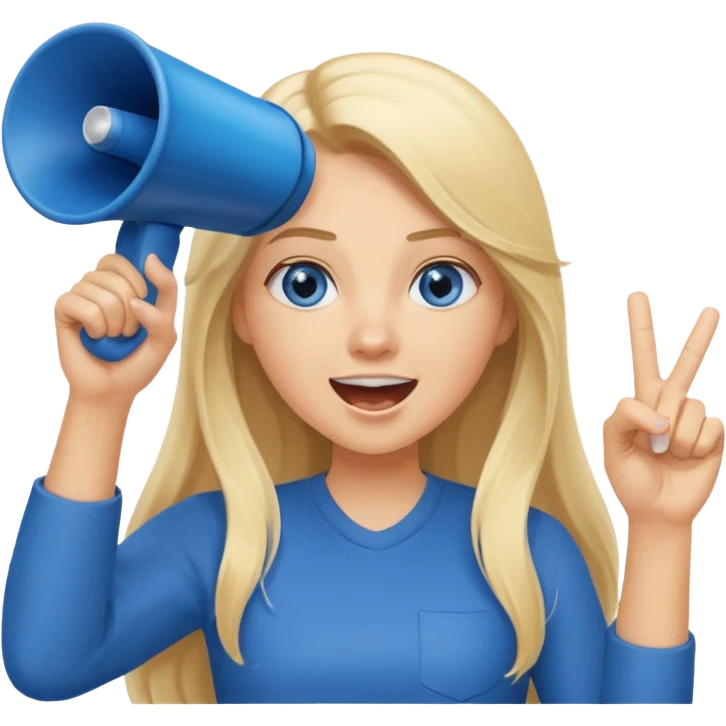  blue eyes blonde girl yelling into megaphone smiling long hair holding up finger emoji