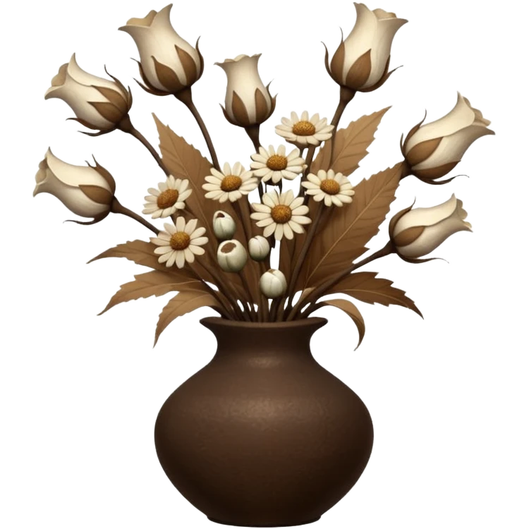 White Dried flowers and pods in a brown vase emoji