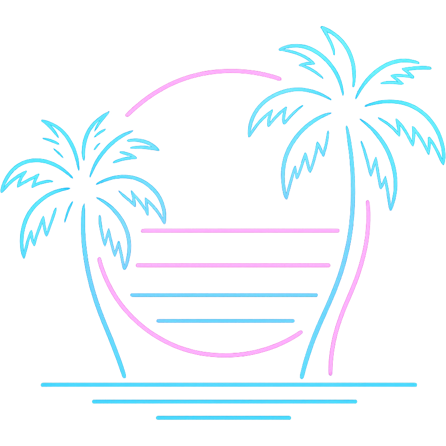 neon 80s icon with pink and blue colors, palm silhouettes, Vice City style, retro Miami energy, no text, glowing and vibrant emoji