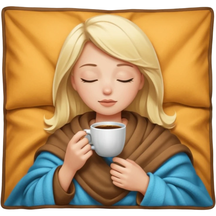 Blonde girl inside a blanket sipping coffee eyes closed emoji