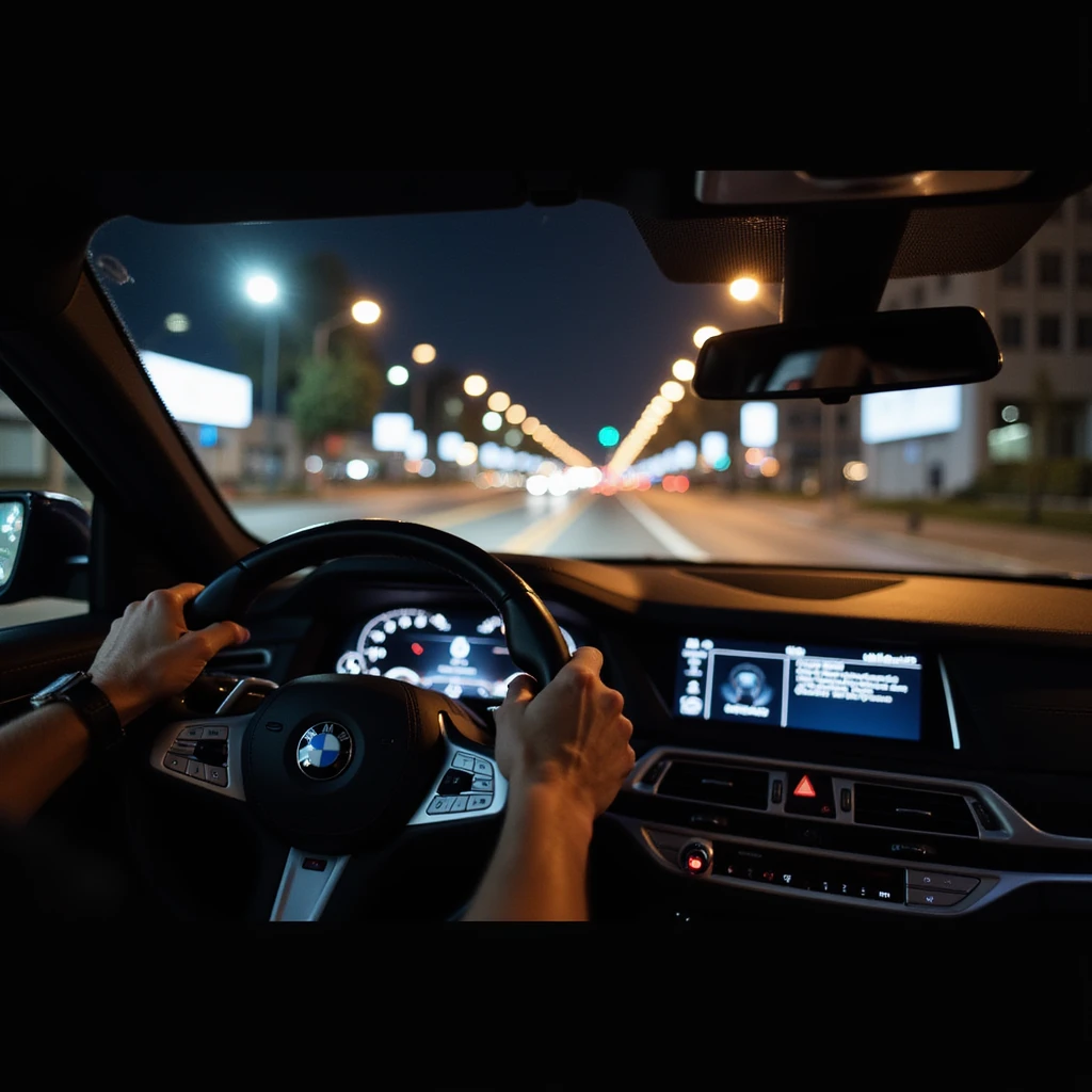 BMW Series 7 2024, immersive cockpit POV, left hand on steering wheel, night cityscape of Bucharest visible through windshield, motion blur, highly realistic emoji