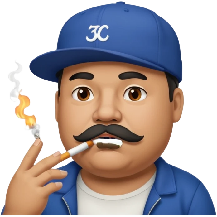 a fat dad in a hip hop cap with a tattoo, a cigarette in his mouth, and a mustache. emoji