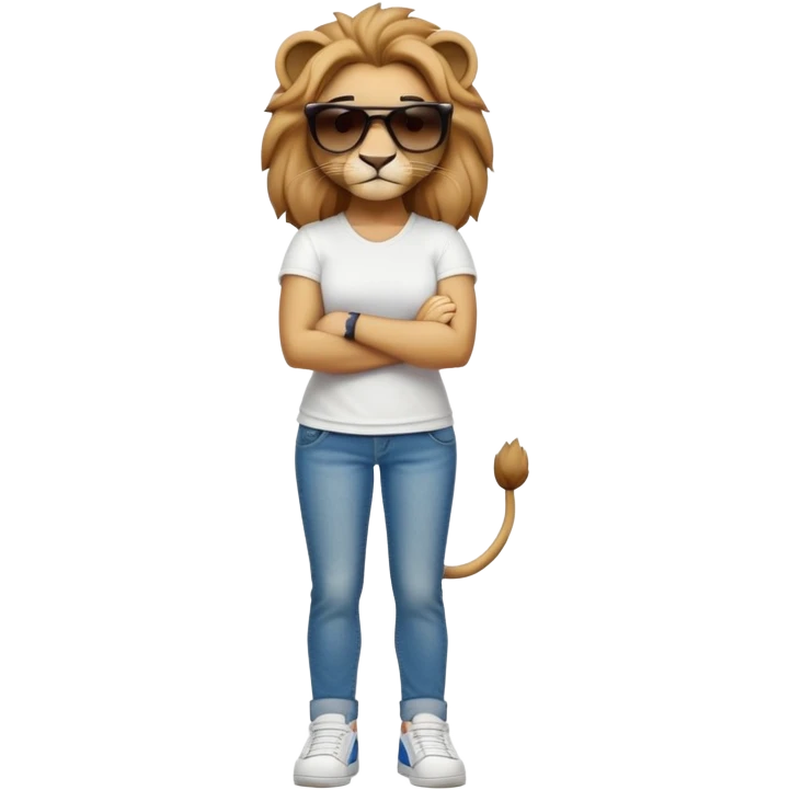 confident anthropomorphised female lion, full body, arms folded, wearing jeans, white t-shirt, dark sunglasses, trainers, looking determined emoji