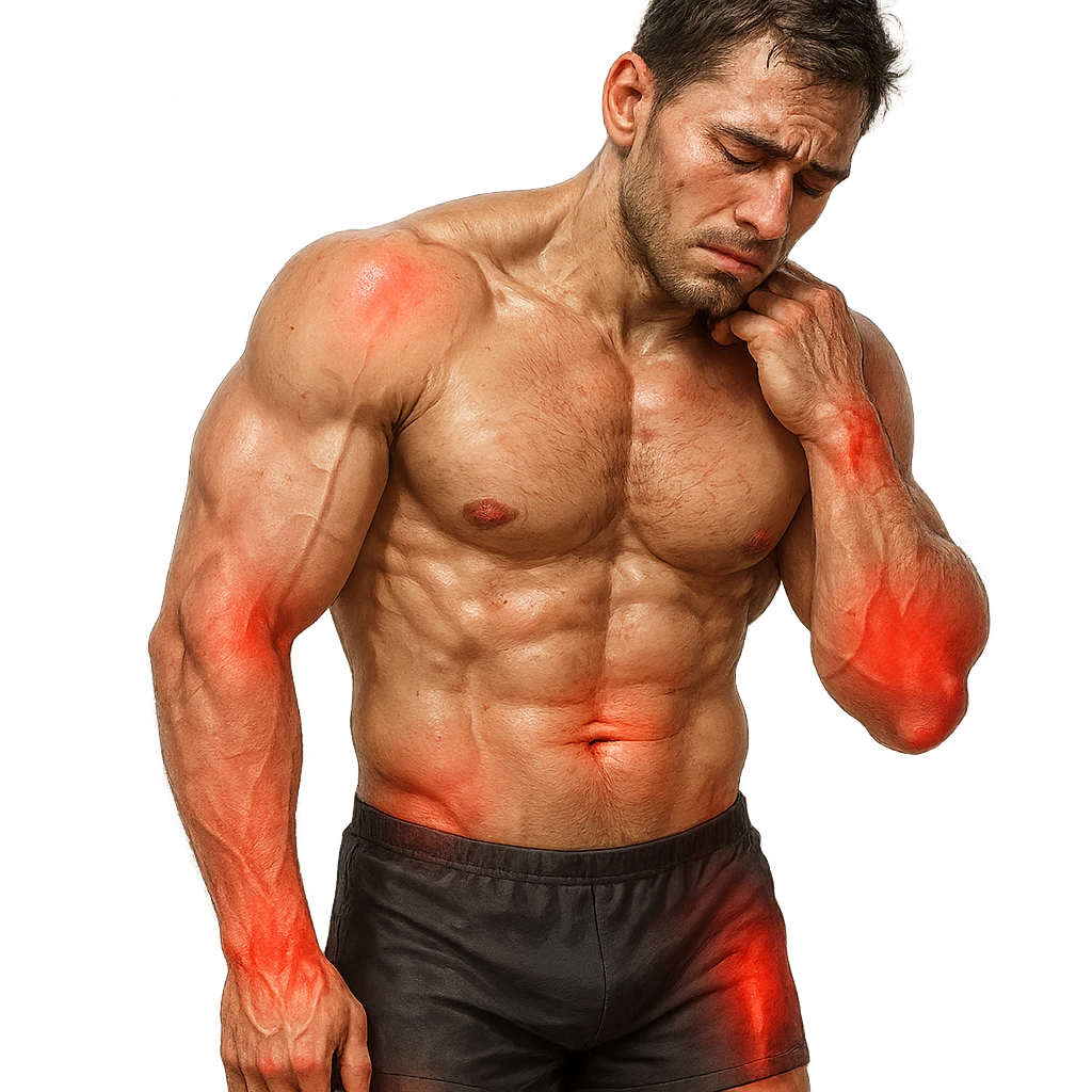 25-year-old bodybuilder with joint pain and pained posture, hyper realistic style, visible muscles, multiple red joints, tired expression, text 'Dolori da collagene basso', clinical atmosphere, light background emoji