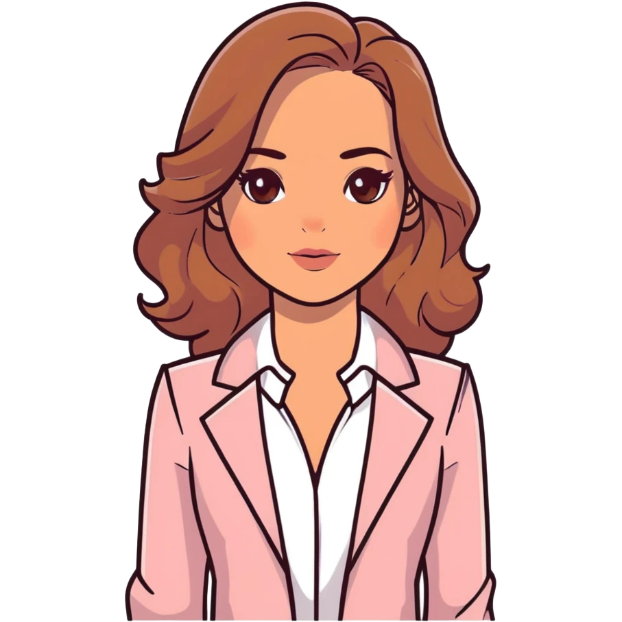 A 30-year-old woman with tanned skin, light brown long wavy hair, delicate face, almond-shaped eyes with smoky foxy eye makeup, brown eyes, wearing a light pink blazer and white satin cowl neck blouse with thin straps emoji