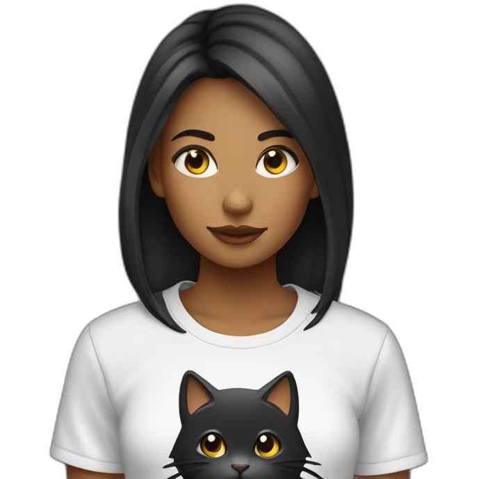 Une fille au cheveux noir avec un t-shirt de chat emoji