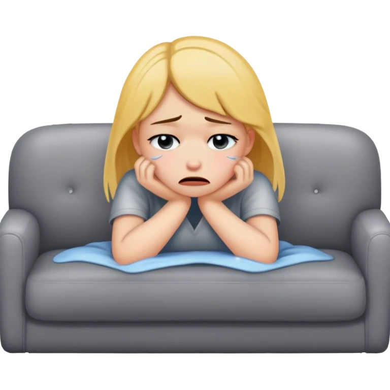 sad girl crying on the cozy grey couch  emoji