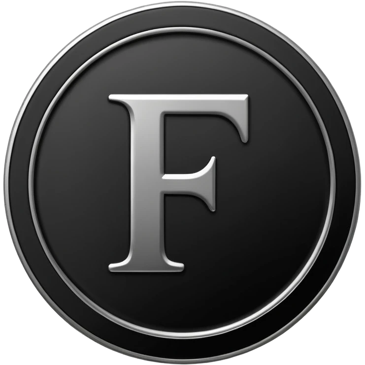 Emoji icon of a black coin with engraved letter F, minimalist style, isolated, no color emoji