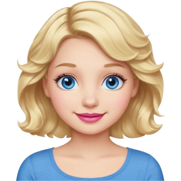 Girl Blonde short wavy hair,  blue eyes, cute blue top, long lashes, pink lips, 👄 smiling  emoji