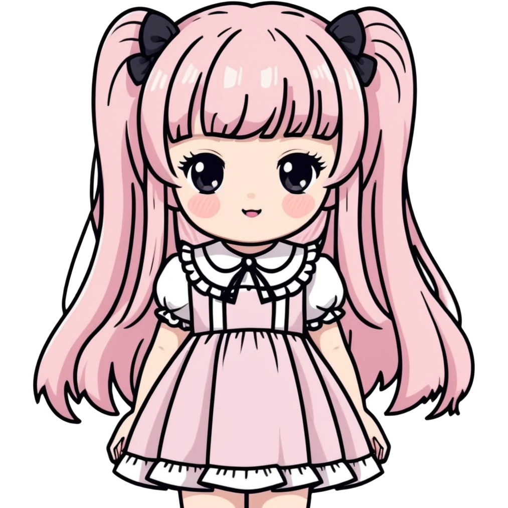 pale girl with straight long black and baby pink swirled hair with bangs, grey eyes, doll-like makeup, wearing a light pink lolita hime gyaru dress, sticker style emoji