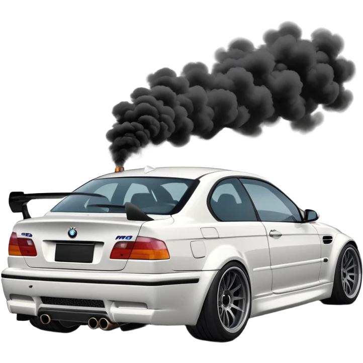

A white BMW M3 E46, seen from behind at a certain angle, is drifting through a corner; the wheels are not straight, they are changing according to the rotation of the drift. emoji