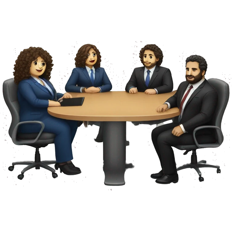 work meeting table 3 men and 4 women sitting on a table wearing suits the women have curly hair and one of the men is fat with a beard and of them is tanned with curly hair emoji
