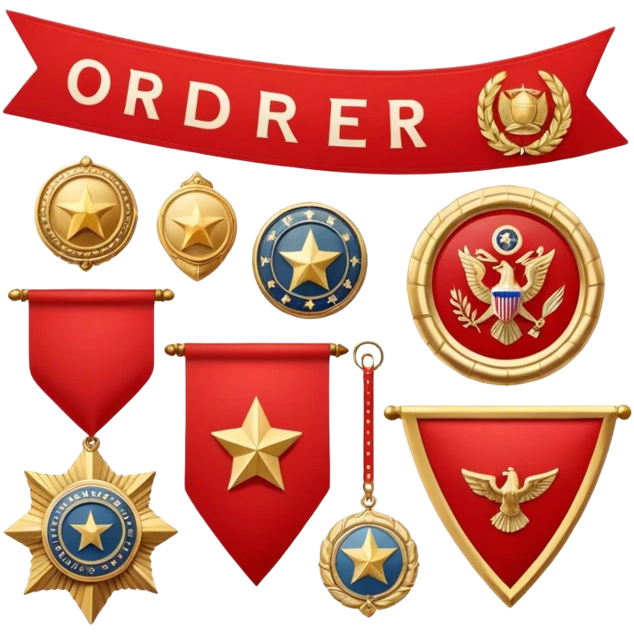Icon for Collecting Orders, Medals & Badges: a variety of vintage orders and badges, displayed neatly on a big red pennant. The icon should reflect the honor and historical significance of these collectible items. Transparent background. emoji