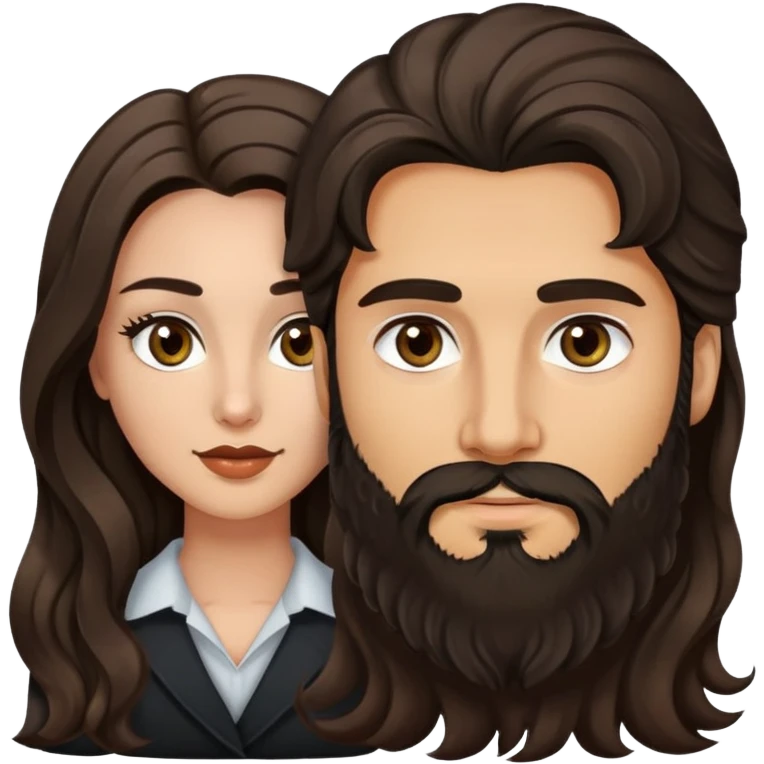 woman with olive skin, brown eyes and long lashes, and long black wavy hair with pale skinned hazel eyed man with brown hair and beard emoji