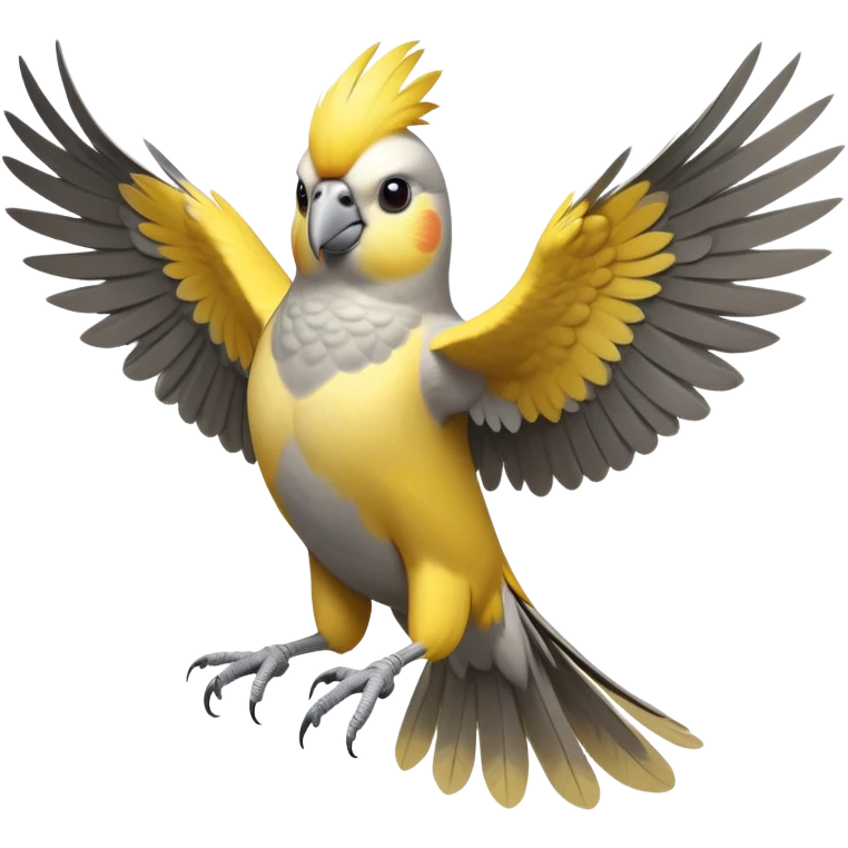cinematic-[cockatiel]-realistic-full-body-perched-emoji,-wings-out-flying,-head-tilted-dramatically,-sleek-[yellow and grey]-feathers,-simplified-yet-realistic-focused-features,-highly-detailed,-glowing-with-an-almost-sarcastic-glow emoji