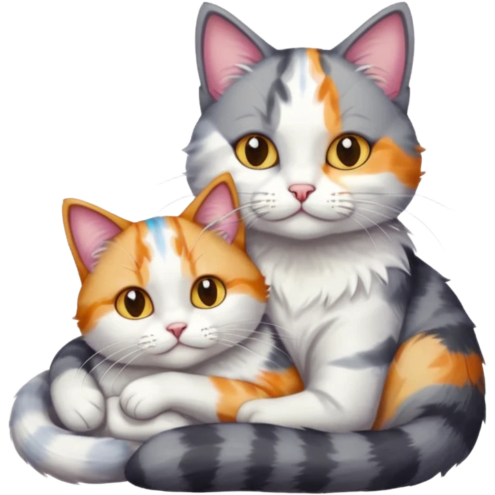 grey and white cat cuddling a colourful light patched calico + white tabby cat emoji