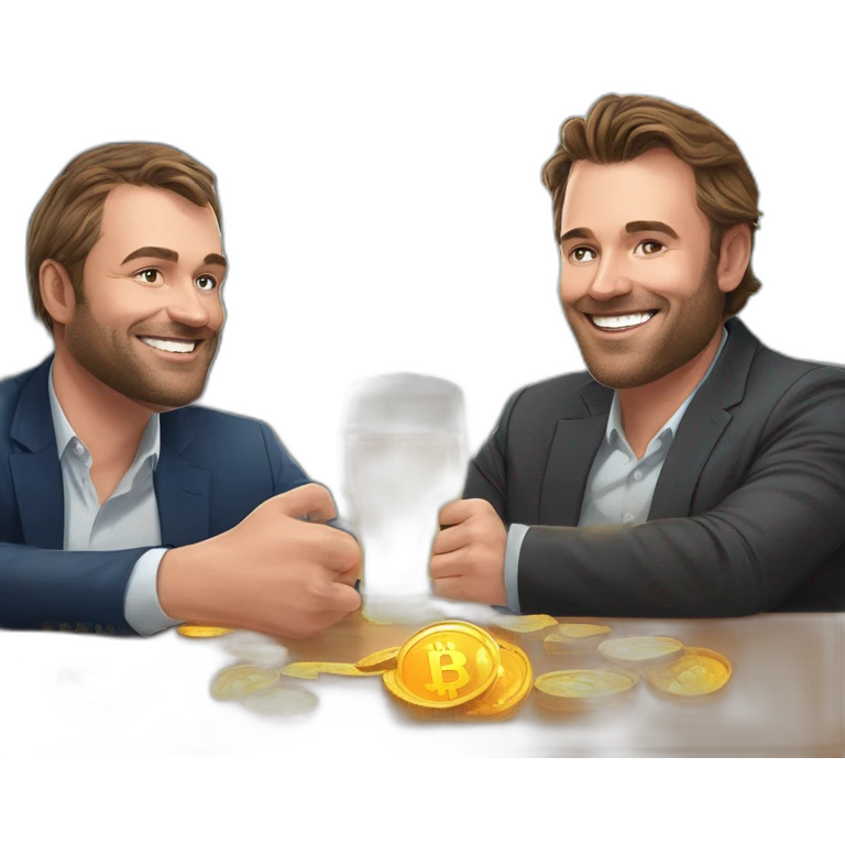 Ceo of coinhouse Nicolas louvet and ceo of cube3 Valentin Demé drinks a beer with bitcoin around him emoji