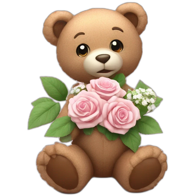 animated teddy bear holding delicate soft pink roses mixed with small white flowers, green leaves, 3D RENDERING emoji
