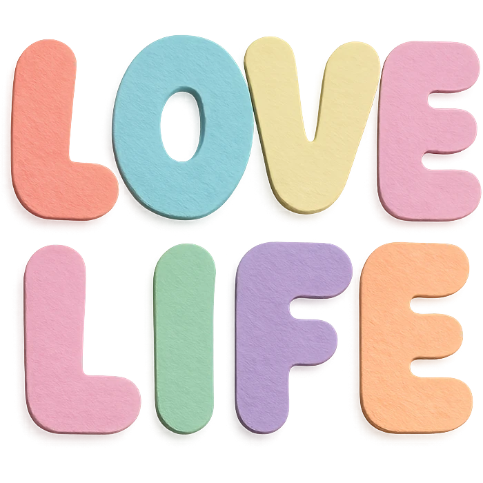"Love Life" soft pastel rainbow rounded puffy letters, cute kawaii style, no border, transparent background emoji