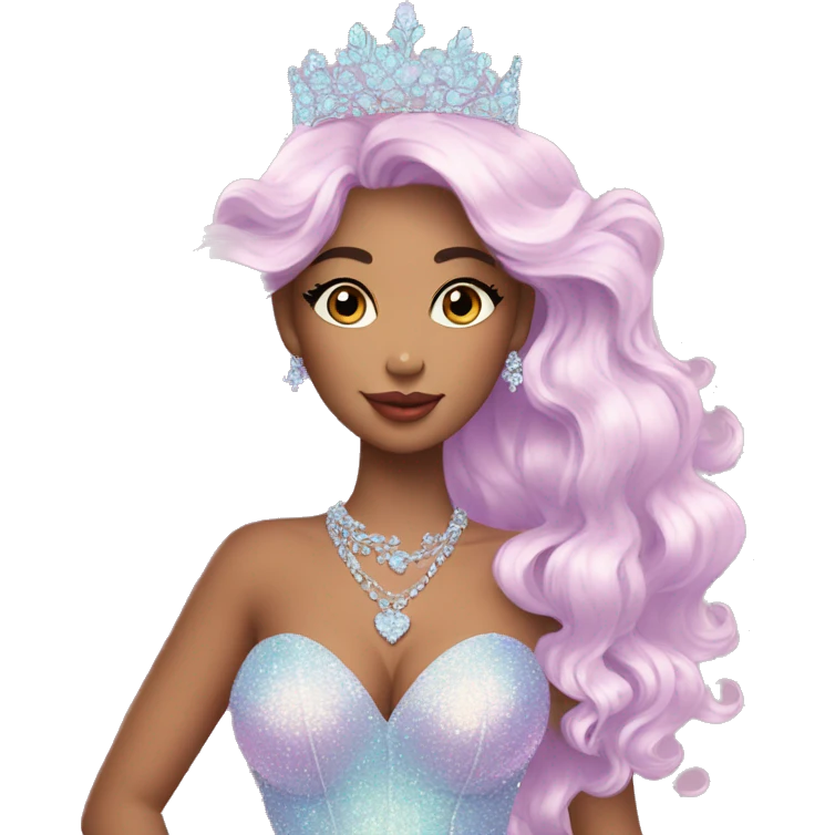 Gorgeous pastel Lady in a sparkly shiny dress with tiara and necklace and flowers aesthetical and trending  emoji