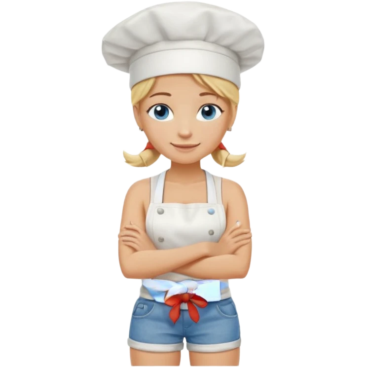 Sexy Full body  pretty
Long Blonde hair blue eyed female chef wearing white tank top, denim shorts and chef hat with arms folded emoji